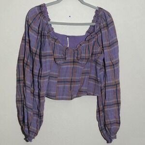 Free People Purple Plaid Smocked Square Neck‎ Crop Top Long Sleeve Size S/P